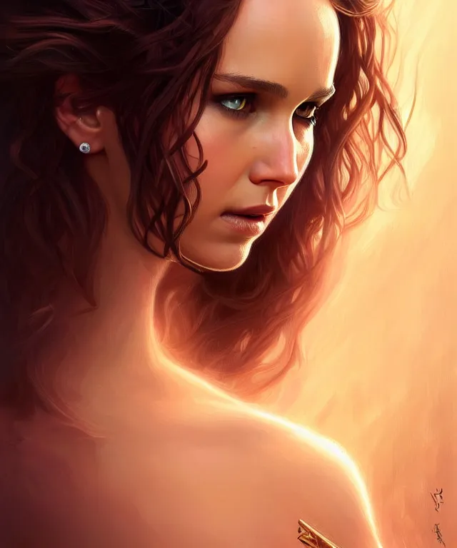 Prompt: half nathalie portman half Jennifer lawrence a fantasy magic woman portrait, sci-fi, amber eyes, face, long hair, fantasy, intricate, elegant, highly detailed, digital painting, artstation, concept art, smooth, sharp focus, illustration, art by artgerm and greg rutkowski and alphonse mucha