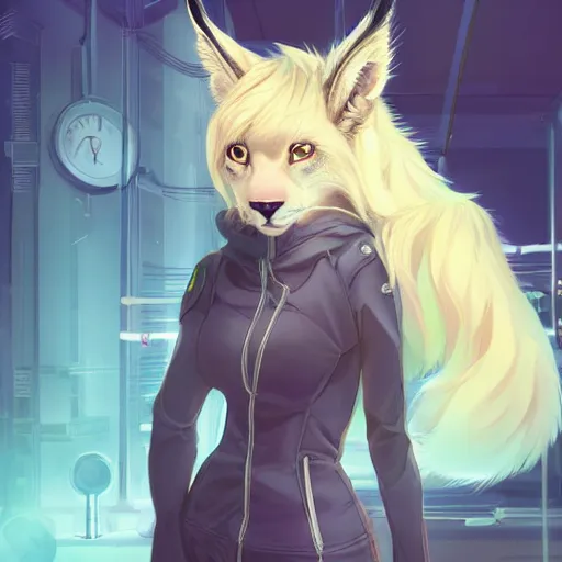 Image similar to beautiful portrait commission of a cute female furry anthro Canadian Lynx fursona casual clothes in a futuristic mechanical laboratory. blonde hair. Green Eyes. character design by charlie bowater, ross tran, artgerm, and makoto shinkai, detailed, inked, western comic book art