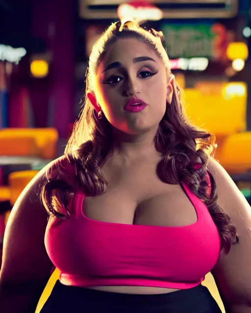 Prompt: film still of obese 3 0 0 - pound ariana grande at mcdonald's, vibrant high contrast, octane, arney freytag, cinematic, portrait, backlit, rim lighting, 8 k