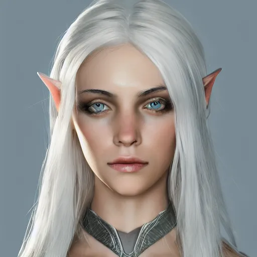 Prompt: portrait of a female half - elf with white skin, white hair, white eyes without pupils, short wavy hair, eyebrow scar, trending on artstation, ethereal, gentle smile, friendly, glowing, angled