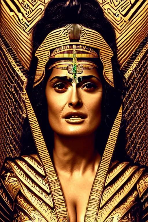 Image similar to Portrait of Salma Hayek as Cleopatra, intricate art deco leaf designs, elegant, highly detailed Egyptian patterns, hieroglyph, sharp focus, art by Artgerm and beeple