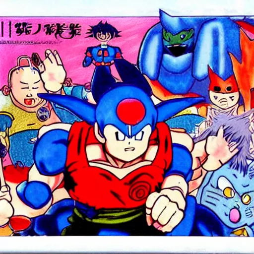 Prompt: it's an anime drawing by akira toriyama, it depicts characters from one of his manga series. the central figure is a blue demon, his arm raised, ready to fight. the background is black, there is a red moon in the sky, which is slightly demonic. the effect is rather sinister.