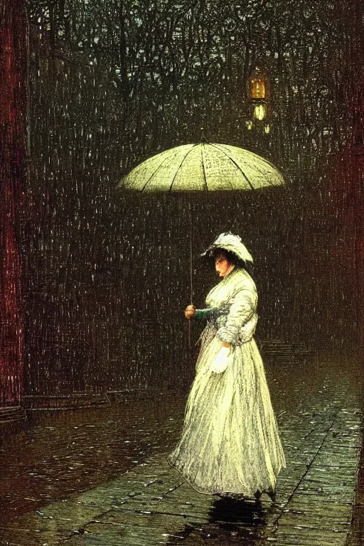 Prompt: Victorian woman in the rain walking away, dreamy and detailed, by John Atkinson Grimshaw