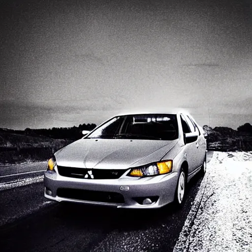 Prompt: “a silver Mitsubishi Lancer rolling down a road at night after an accident, shattered windscreen”