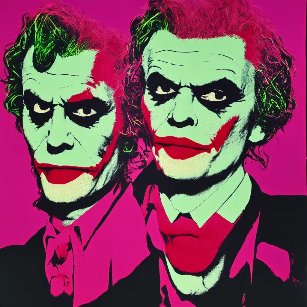 Prompt: individual silk screen portrait of the joker by andy warhol