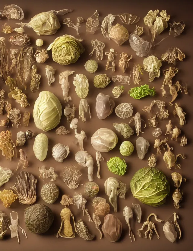 Prompt: a well - lit studio photograph of various earth - toned plastic translucent artificial organs, some wrinkled resembling plastic cabbage, some long, various sizes, textures, and transparencies, beautiful, smooth, layered detailed, intricate art nouveau internal anatomy model