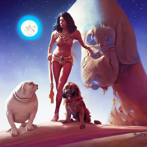 Image similar to Princess Dejah Thoris of Helium with Martian dog Woola, 4k oil on linen by wlop, artgerm, andrei riabovitchev, nuri iyem, james gurney, james jean, greg rutkowski, highly detailed, soft lighting 8k resolution