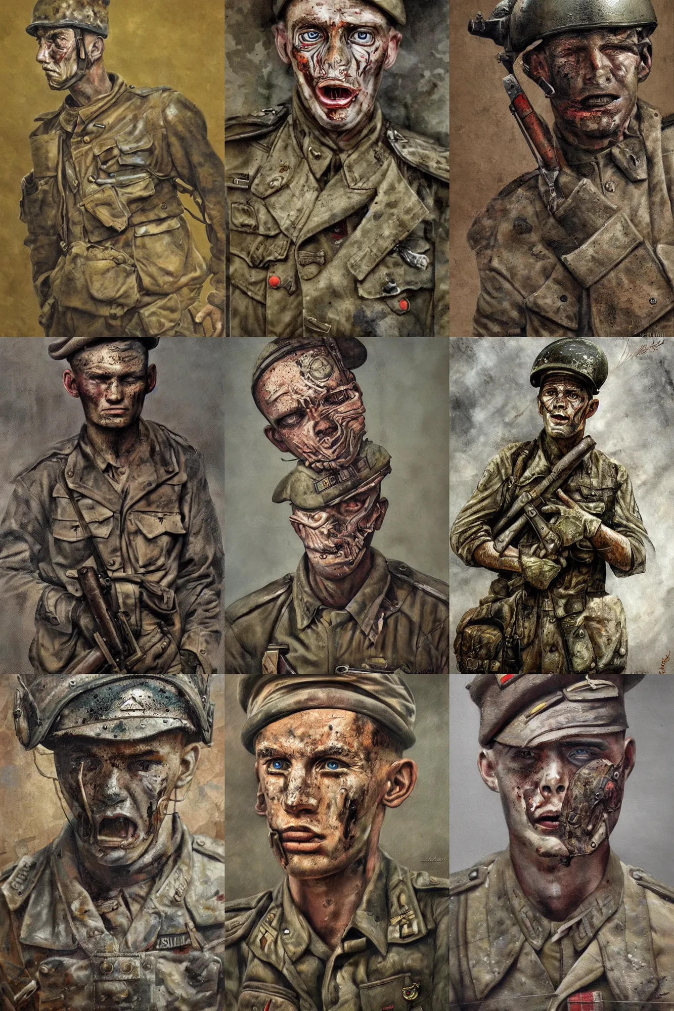 Prompt: painting of a wwii solider by dariusz zawadzki, intrincate, disturbing, very detailed, rusty textures, dirty, high quality