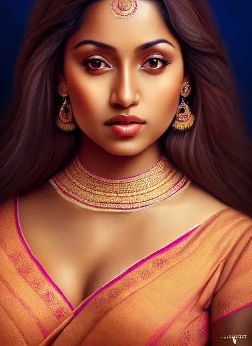 Prompt: a beautiful female photo, bengali mixed peruvian woman. professionally retouched, soft lighting, wearing indian dress, realistic, smooth face, perfect eyes, wide angle, sharp focus on eyes, 8 k high definition, insanely detailed, intricate, elegant, art by artgerm and wlop