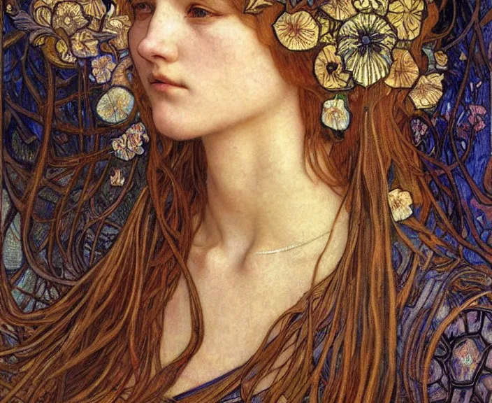 Image similar to detailed realistic beautiful young medieval queen face portrait by jean delville, alphonse mucha, vincent van gogh, and marco mazzoni, art nouveau, symbolist, visionary, gothic, pre - raphaelite