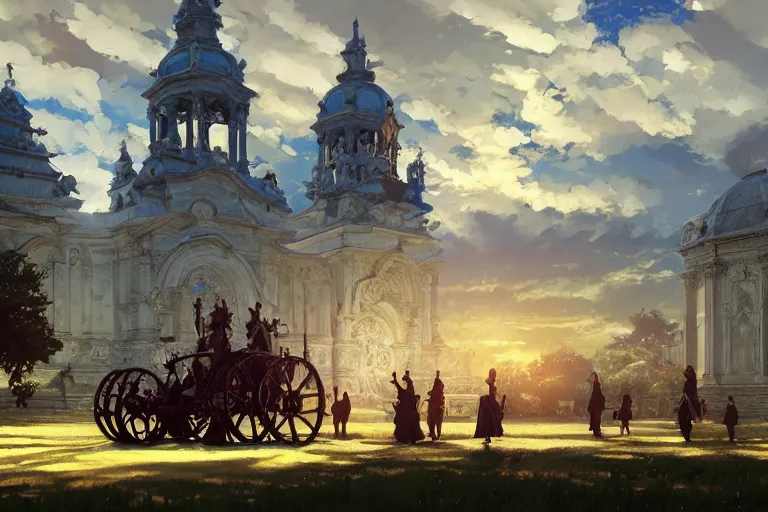 Image similar to a driving ornate baroque church on chainwheels, scene in an open field. key visual, conceptart, ambient lighting, highly detailed, digital painting, artstation, concept art, sharp focus, by makoto shinkai and akihiko yoshida and greg manchess