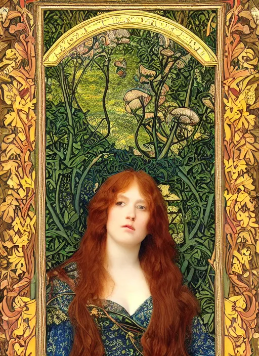 Image similar to masterpiece beautiful seductive flowing curves pose preraphaelite portrait photography, extreme closeup shot, straight bangs, thick set features, yellow ochre ornate medieval dress, amongst foliage mushroom forest arch, circle, william morris and kilian eng and mucha, framed, 4 k