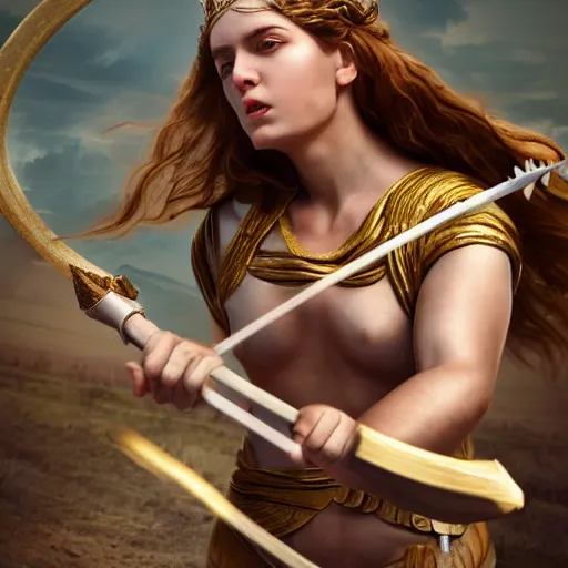 Image similar to Greek goddess Athena fighting with stupidity, stupidity is represented by internet influencers, realistic person, spear in the right hand, long hair, natural look, realistic photography, hyper realistic, highly detailed, 4k, battle landscape