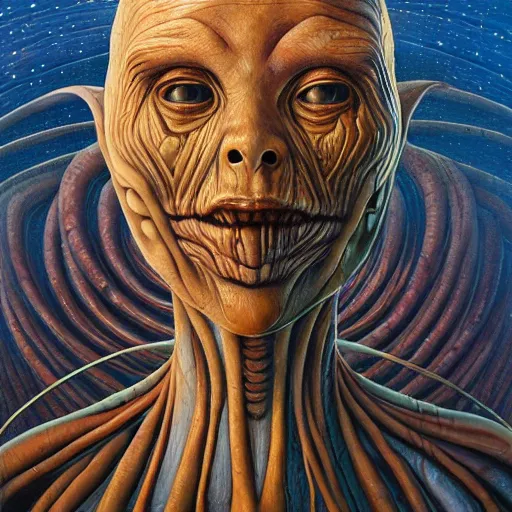 Prompt: female alien Protagonist by jacek yerka, alex gray, zdzisław beksiński, dariusz zawadzki, jeffrey smith and h.r. giger, oil on canvas, 8k highly professionally detailed, trending on artstation