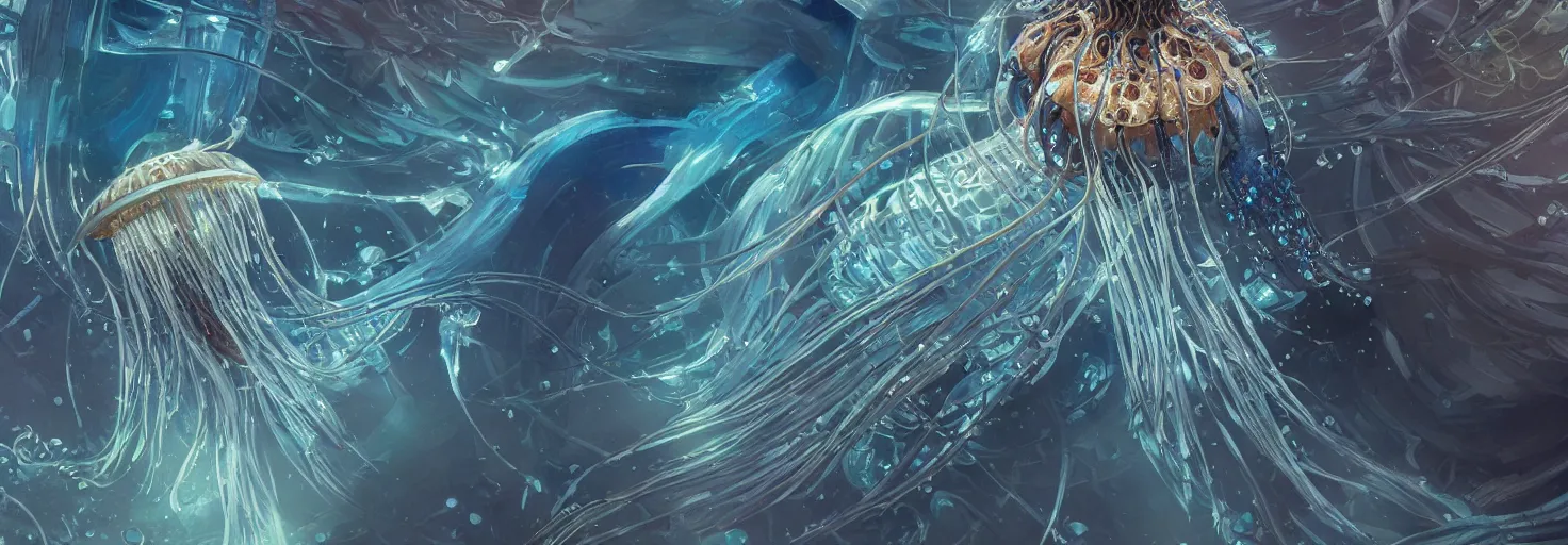 Image similar to Panorama hyper detailed painting of a cyberpunk jellyfish, blue tones, underwater, 8 mm, highly detailed, digital painting, artstation, concept art, smooth, sharp focus, illustration, art by artgerm and greg rutkowski and alphonse mucha