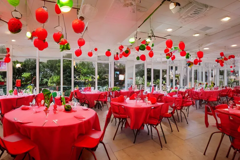 Prompt: 1 9 9 2 watermelon themed diner, tables repeat endlessly into the horizon, fruitcore, watermeloncore, one point perspective, americana, restaurant interior photography, 5 5 mm