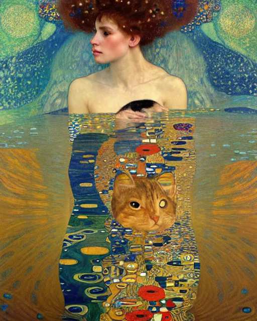 Prompt: ocean cat portrait an oil painting splashes with many colors and shapes by gustav klimt greg rutkowski and alphonse mucha, polycount, generative art, psychedelic, fractalism, glitch art