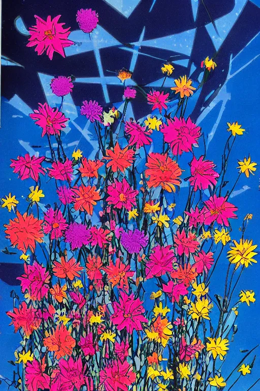 Image similar to an explosion of flowers against a bright blue sky, 80s sci-fi book art