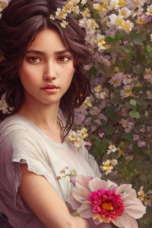 Image similar to ultra realistic illustration, mexican girl with flowers blossoming, elegant, highly detailed, digital painting, concept art, smooth, sharp focus, illustration, art by artgerm and greg rutkowski and alphonse mucha