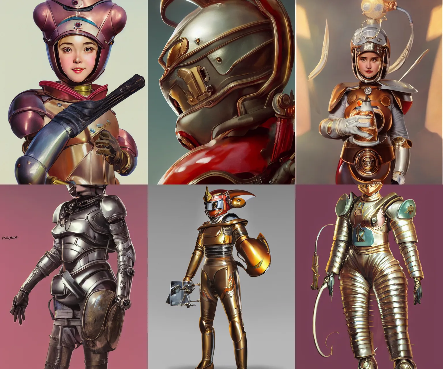 Prompt: highly detailed full body character portrait retro helmet magical girl tokusatsu suit concept painting with detailed face by j. c. leyendecker and edmund blair, octane render, 8 k, high quality, award winning masterpiece, hdr,