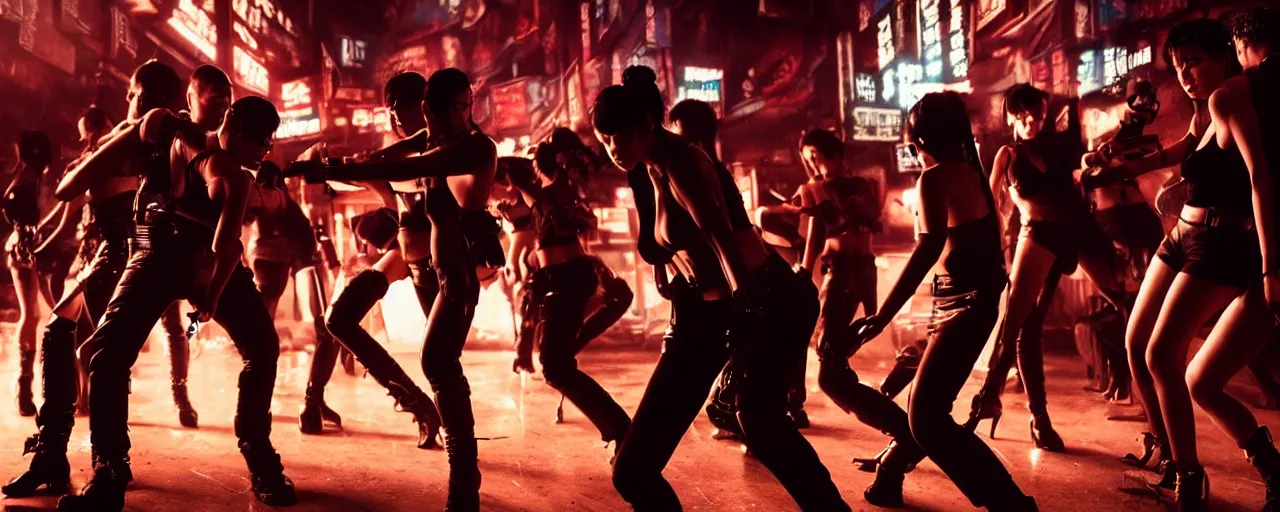 Image similar to highly detailed photo of gangsters and girls fighting in cyberpunk night adult club, 3 5 mm, guns and blades, low angle, blade runner, akira, cinematic angle, cinematic lighting, reflections, action, battle