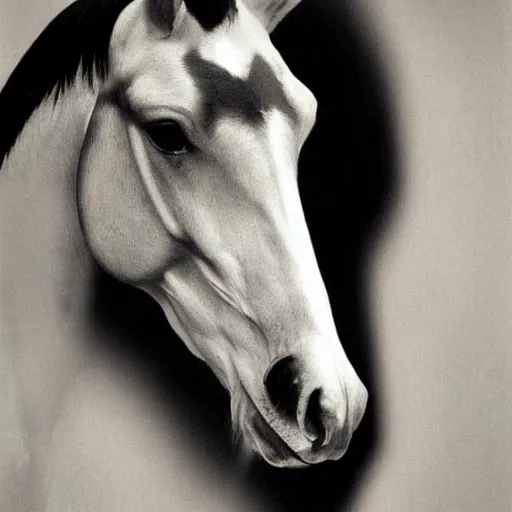 Prompt: painting of a glorious horse head, editorial fashion photography, black and white, by łempicka