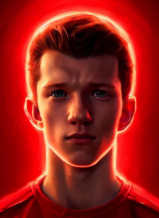 Image similar to portrait of tom holland with hazel eyes, hazel eyes, red shirt, intricate, elegant, glowing lights, highly detailed, digital painting, artstation, concept art, smooth, sharp focus, illustration, art by wlop, mars ravelo and greg rutkowski