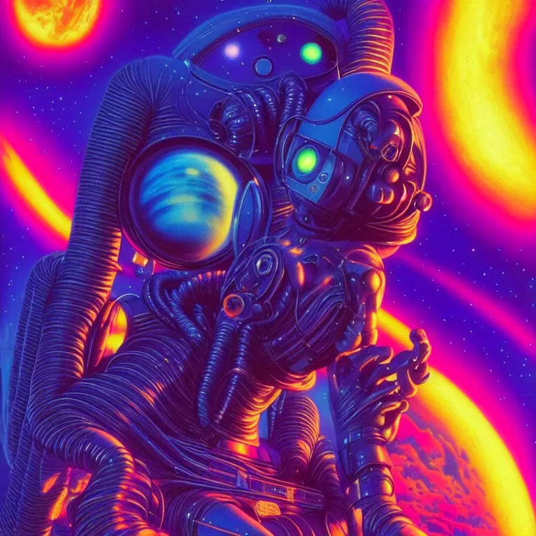 Image similar to cosmic astronaut girl, 2 0 yo, close - up, synthwave, bright neon colors, highly detailed, cinematic, tim white, roger dean, michael whelan, jim burns, bob eggleton, philippe druillet, vladimir kush, kubrick, alfred kelsner, vallejo