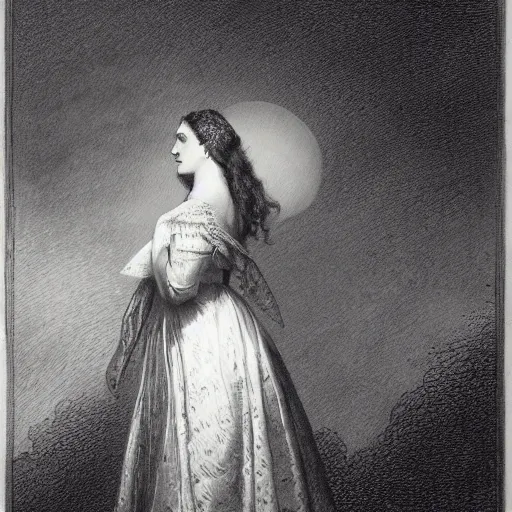 Image similar to side portrait of a victorian lady, widow, dramatic clouds, moon, depth, shadow, dramatic light, Chiaroscuro, illustration by Gustave Doré