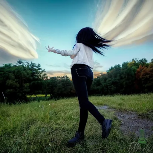 Image similar to 1 7 - year - old pale - skinned anime girl with black long bob cut, long bangs, black gothic jacket, black jeans, flying through sky, jumping through clouds, late evening, blue hour, cirrus clouds, pearly sky, ultra - realistic, sharp details, subsurface scattering, blue sunshine, intricate details, hd anime, 2 0 1 9 anime