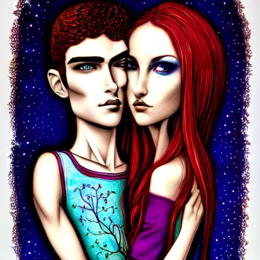 Image similar to perfectly centered symmetrical split male and female portrait of man and woman in love sharing one heart. art by jasmine becket griffith