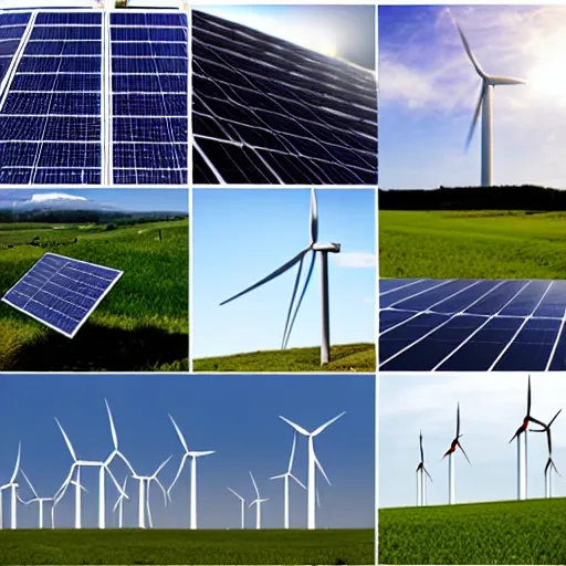 Prompt: photo collage, photovoltaic, wind turbines, hydrogen production