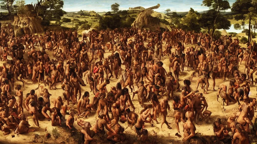 Image similar to hundreds of neanderthals gathering for a trade in an african valley, in the style of italian renaissance