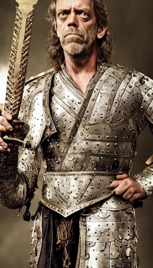 Image similar to hugh laurie as the warrior king, masculine, sweaty, intricate, dressed as a king ready for battle holding his great sword, various camera angles, heartthrob, hero, intricate, symmetrical features, full body, highly - detailed,