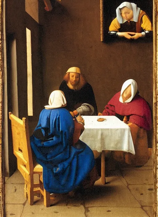 Image similar to Young man sitting at the table with young pretty blonde girl at the crowded inn. Medieval painting by Jan van Eyck, Johannes Vermeer, Florence