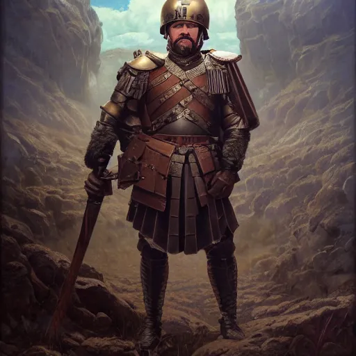 Image similar to highly detailed portrait of a roman soldier, stephen bliss, unreal engine, greg rutkowski, ilya kuvshinov, ross draws, hyung tae and frank frazetta, tom bagshaw, tom whalen, nicoletta ceccoli, mark ryden, earl norem, global illumination, god rays