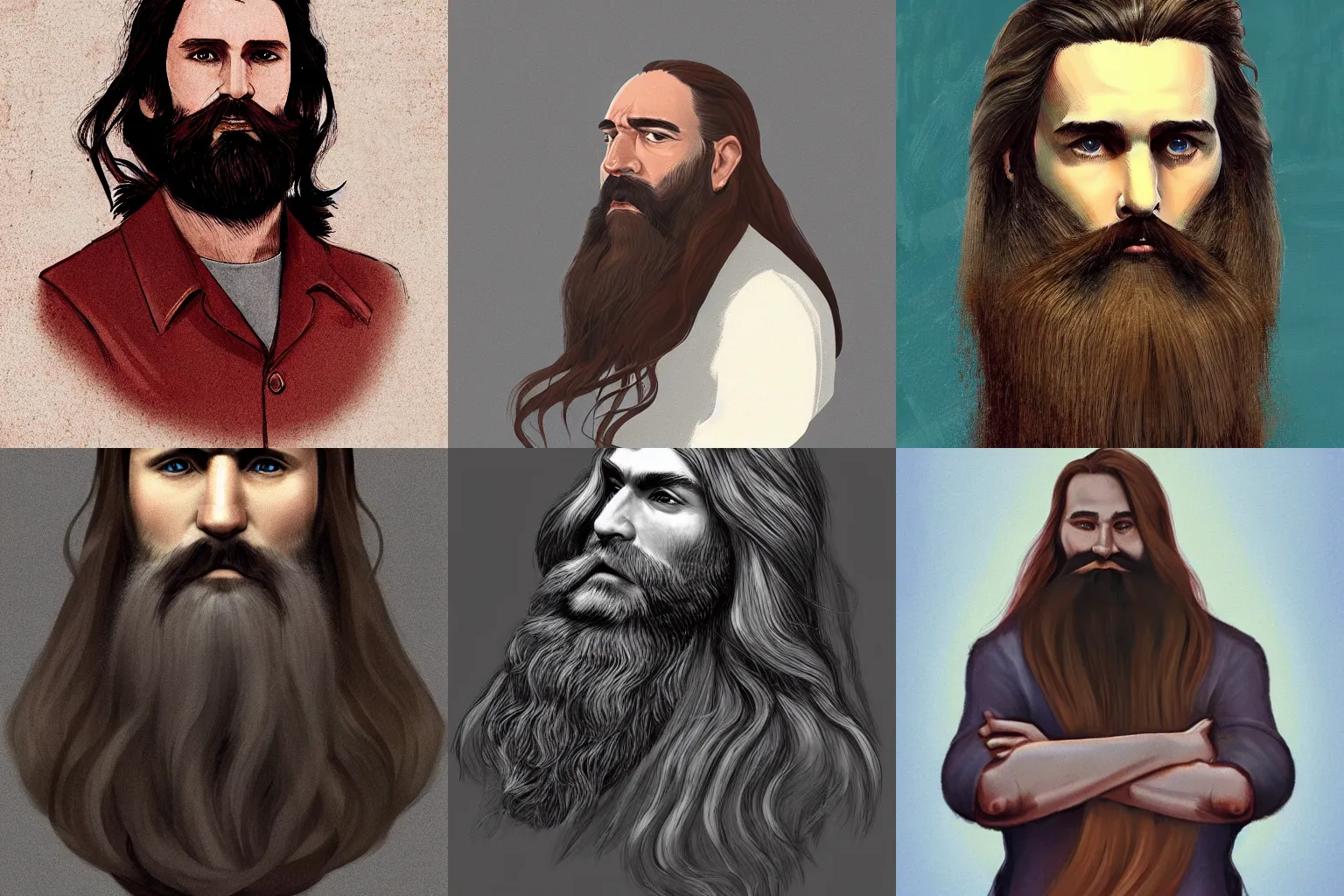 Prompt: soviet era art of man with long hair and beard. featured on artstation