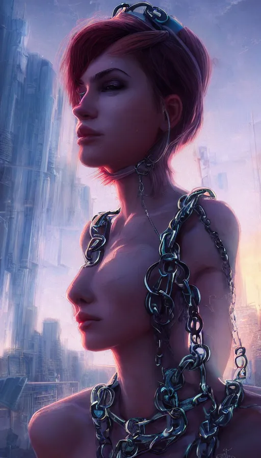 Image similar to a sad portrait of an angel blocked by chains in a abandoned futuristic city covered by vegeration, sunset, bright light, hyperdetailed, artstation, cgsociety, 8 k