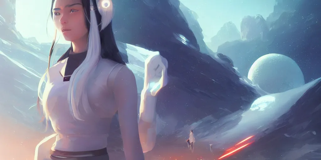 Prompt: Young Himalayan woman, somber white eyes, long ashy hair, gentle lighting, piloting a small space shuttle, futuristic, dim lighting, digital art by Makoto Shinkai ilya kuvshinov and Wojtek Fus, digital art, concept art,