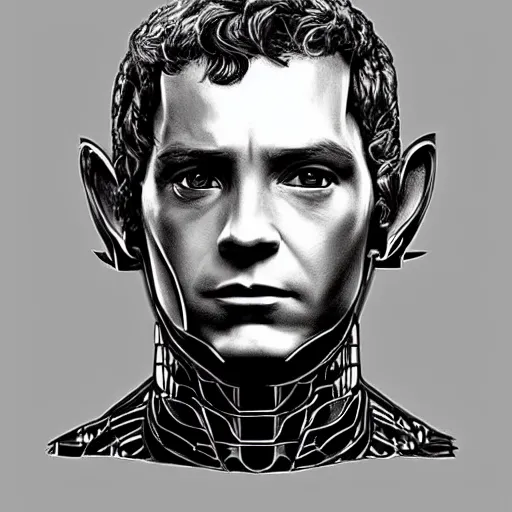 Image similar to frodo baggins as iron man, detailed face portrait, symetry!!