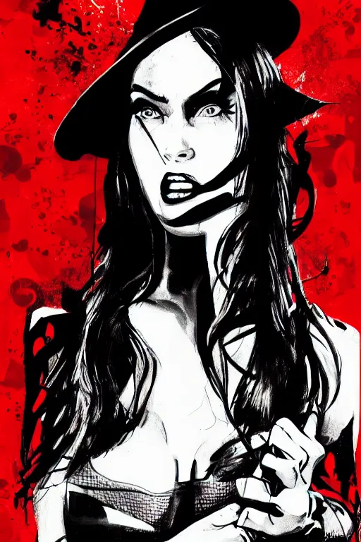 Prompt: dream of a film still from sin city, closeup portrait of film noir angry megan fox private detective wearing a hat, detailed illustration, digital art, trending on artstation, frank miller, martin ansin, action movie poster, dripping paint, red on black, graffiti, gta v,