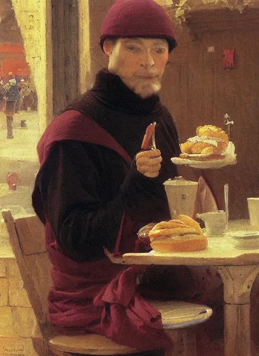 Image similar to a 1 4 th century monk wearing a turtle neck sweater at a mcdonalds by vladimir volegov and alexander averin and pierre auguste cot and delphin enjolras