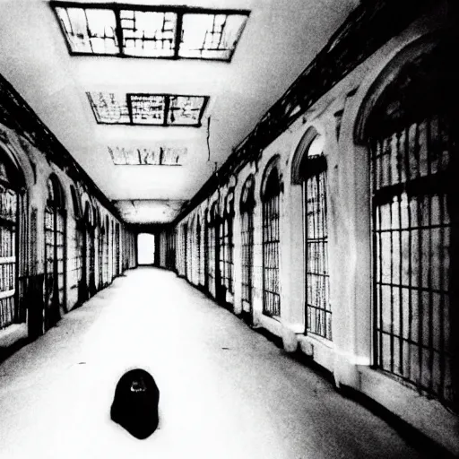 Image similar to unfocused black and white photographs of a ghost in an abandoned asylum | by Daido Moriyama | by Eugene Atget | horror mood | high contrast | terrifying ghost