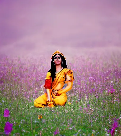 Prompt: hindu goddess standing looking at you at distance in beautiful meadow of flowers, film photo