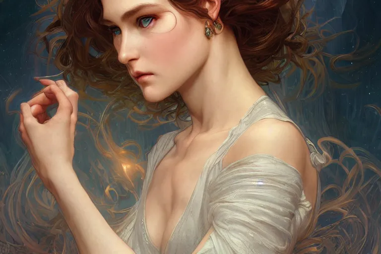 Image similar to close up portrait of beautiful angel, d & d, face, fantasy, intricate, elegant, highly detailed, digital painting, artstation, concept art, smooth, sharp focus, illustration, art by artgerm and greg rutkowski and alphonse mucha