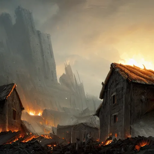 Prompt: a portrait of an village getting burned down by vikings, Matte painting , detailed painting, made by Greg Rutkowski, 4k resolution, atmospheric, extremely high detail