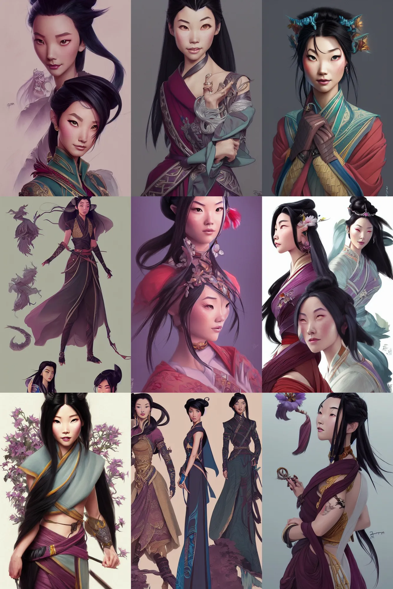 Prompt: fashion and character design spot illustrations from avatar combined with mulan, d & d, fantasy, intricate, elegant, highly detailed, digital painting, artstation, concept art, matte, sharp focus, illustration, hearthstone, art by artgerm and greg rutkowski and alphonse mucha