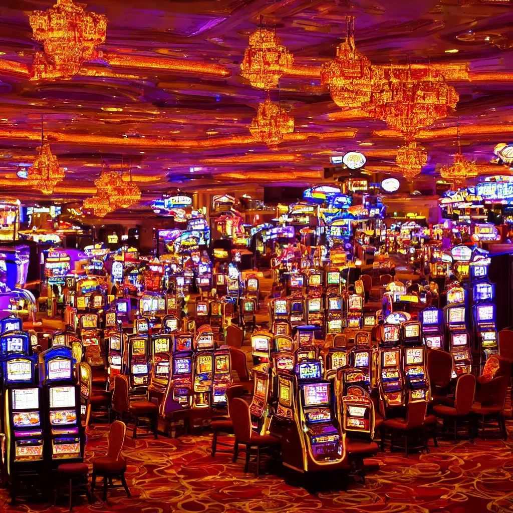 Image similar to inside a casino, fruit machines, chandeliers, lights and colors, realistic