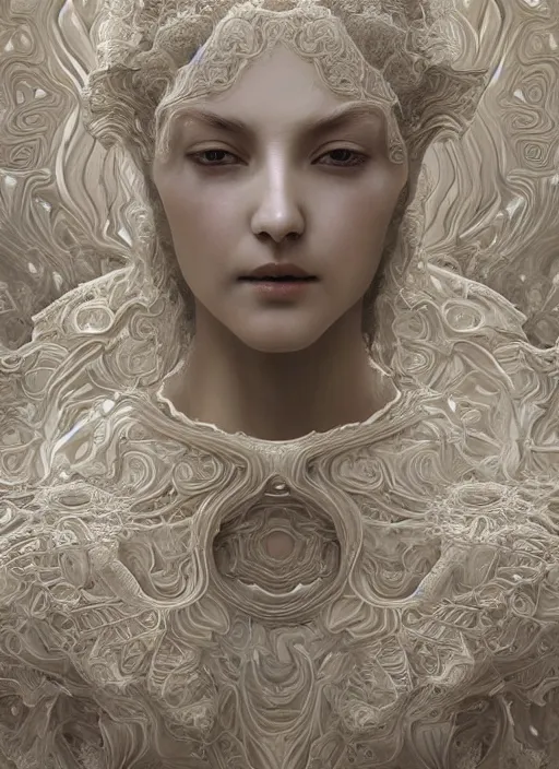 Prompt: opalescent marble sculpture of beautiful woman, glistening, mandelbulb, hypercube, ivory carving, fractal paisley inlay, lace, intricate, elegant, highly detailed, ivory, artgerm, lace, by ruan jia and greg rutkowski