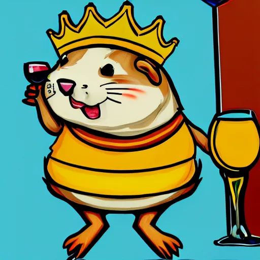 Image similar to a graffiti of a hamster wearing a golden crown and holding a glas of wine, by swiftmantis